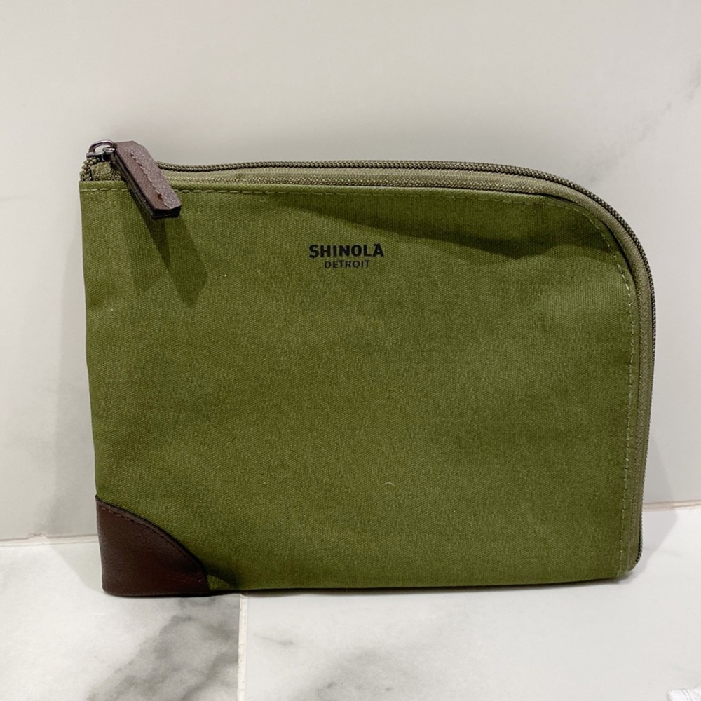 Shinola Detroit Green Canvas Make-up Bag with leather corner